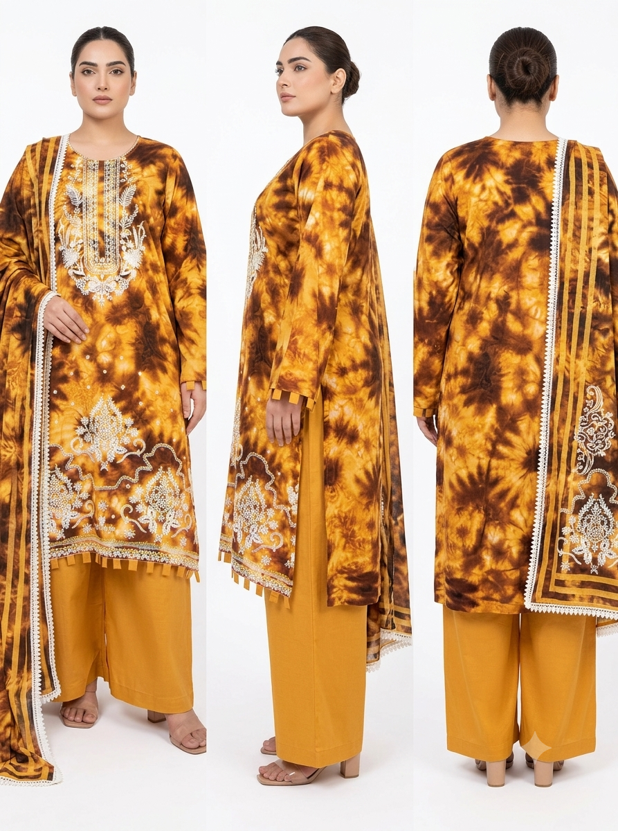 Laiba..Premium lawn digital print embroided shirt with diamond milky lace dupatta.Dyed trouser